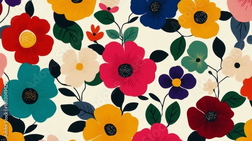 Colorful floral pattern featuring various blossoms on a light background