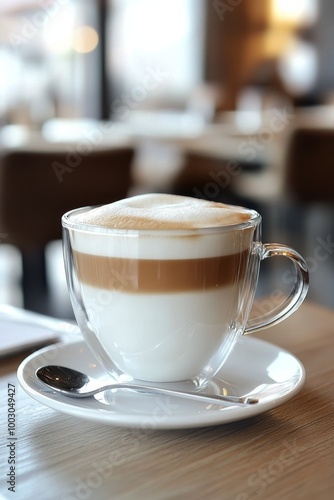 A warm cup of layered latte served in a glass mug on a wooden table in a cozy...