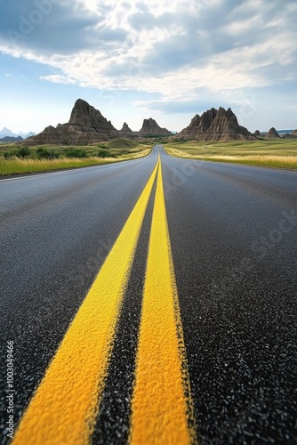 A long road stretches through golden grasslands towards distant rock formatio...