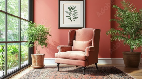 Cozy corner with a white wingback chair and a potted plant in a sunlit room