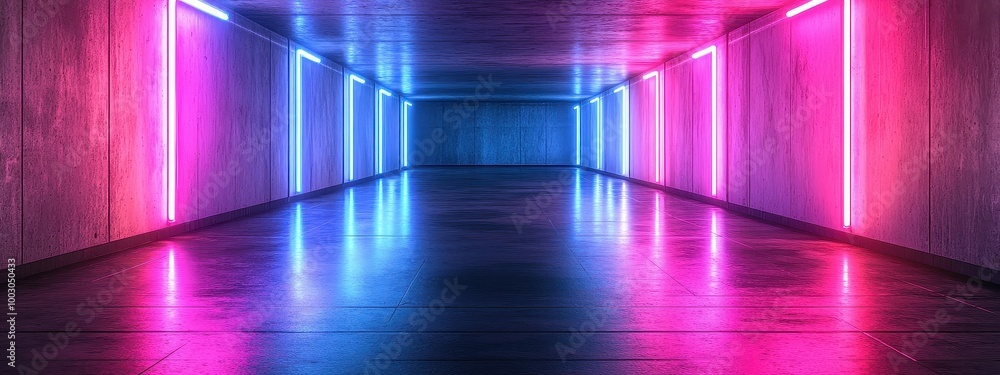 Obraz premium Background neon 3d room light dark empty abstract stage floor. Neon wall 3d background space interior modern showroom blue warehouse future technology studio garage render hall tunnel concrete car led