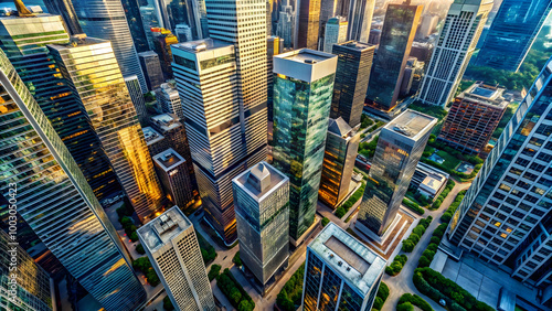 Urban Skyline Majesty: A breathtaking aerial view captures the dense, towering skyscrapers of a modern metropolis, bathed in the warm glow of sunrise or sunset. The image evokes a sense of ambition.