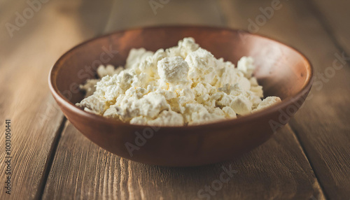 Bowl of natural cottage cheese on wooden table. Tasty homemade food. Healthy breakfast.