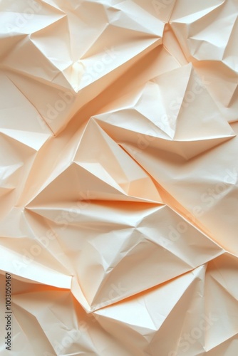Colorful origami paper shapes creating a textured background in soft peach an...