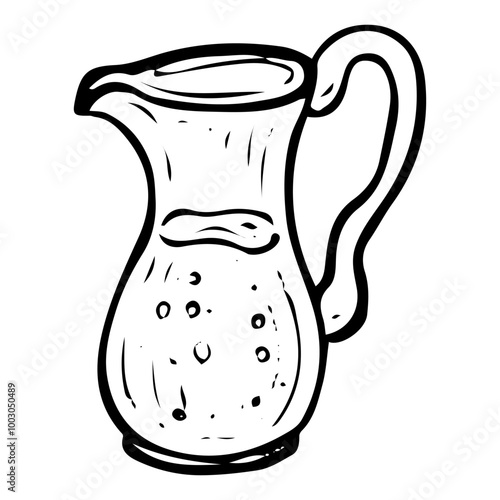 Glass pitcher with lemonade hand drawn doodle. Kitchen appliance with handle for drinks. Decanter of mineral water. Kitchenware. Tableware. Vector sketch line art illustration.