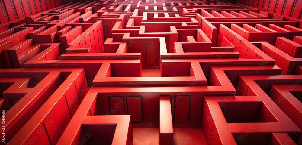 Red Labyrinth: A complex and intricate red maze with a single, bright opening at the end, symbolizing the challenges and opportunities that lie ahead on the path to success. Red Labyrinth: A complex and intricate red maze with a single, bright opening at the end, symbolizing the challenges and opportunities that lie ahead on the path to success.