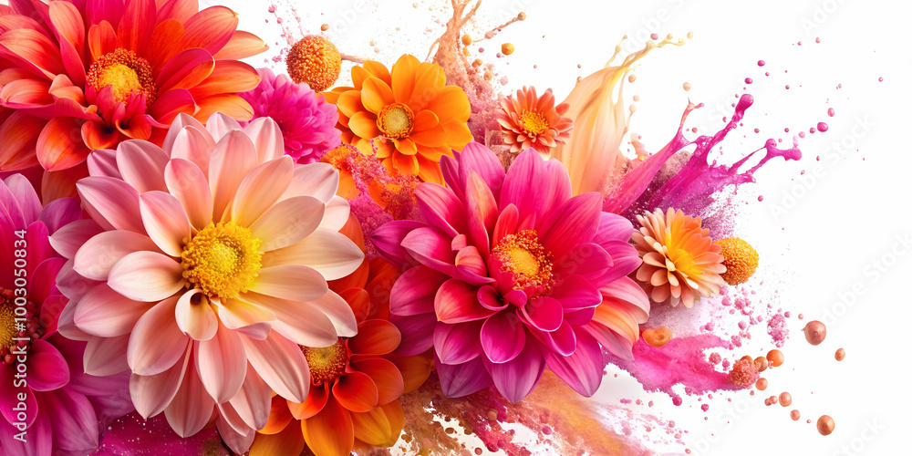 Obraz premium Floral Burst: A vibrant and captivating arrangement of pink and orange dahlias explodes with color, creating a stunning abstract display of nature's artistry.