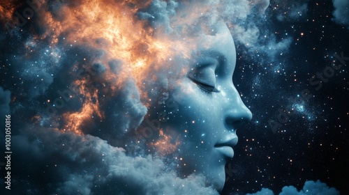 A serene celestial figure rests among vibrant cosmic clouds in deep space