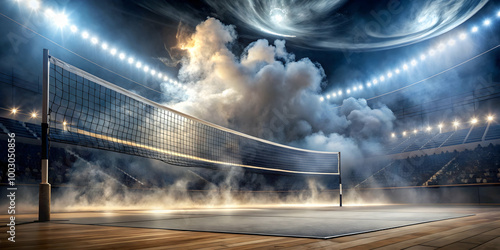 Wallpaper Mural Epic Volleyball Showdown: Dramatic volleyball court engulfed in atmospheric smoke and intense stadium lighting, creating a breathtaking visual spectacle.   Torontodigital.ca
