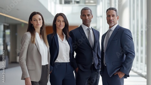 A group of four confident professionals dressed in business attire standing side by side in a modern office setting, ready to tackle challenges together