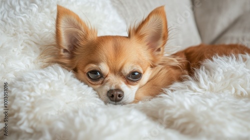 A relaxed Chihuahua lounging on soft white fur in a cozy indoor setting