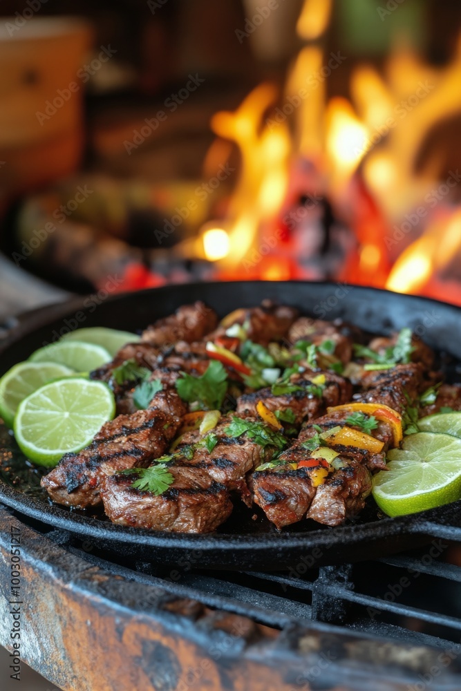Grilled meat with colorful vegetables and lime slices on a hot grill at a lively outdoor barbecue Grilled meat with colorful vegetables and lime slices on a hot grill at a lively outdoor barbecue
