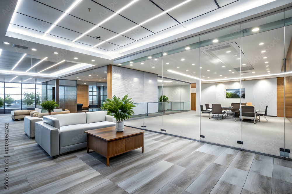Fototapeta premium Modern Office Lobby: A spacious and inviting office lobby with stylish furniture, sleek glass partitions, and natural light streaming in. The design exudes professionalism and modernity.