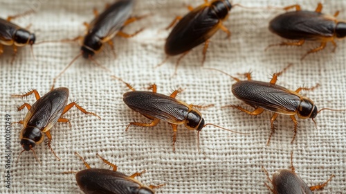 Close-up view of various cockroaches crawling on a textured surface in a well...