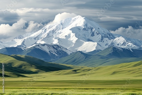 A towering mountain with a snow-covered peak dominates the lush green valleys beneath an overcast sky, creating a serene atmosphere