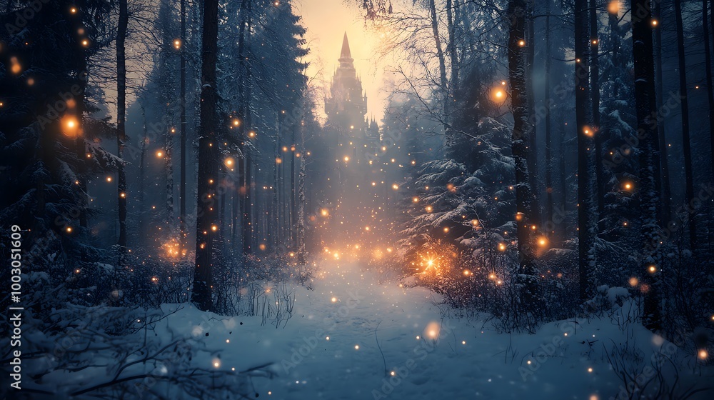 Fototapeta premium A magical winter forest with snow covered trees, shimmering fairy lights, and a hidden enchanted castle in the distance, during twilight