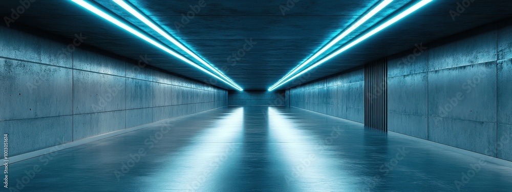 Naklejka premium Background neon 3d room light dark empty abstract stage floor. Neon wall 3d background space interior modern showroom blue warehouse future technology studio garage render hall tunnel concrete car led