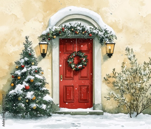 Cheerful red door decorated for Christmas with snow-covered tree and lanterns...