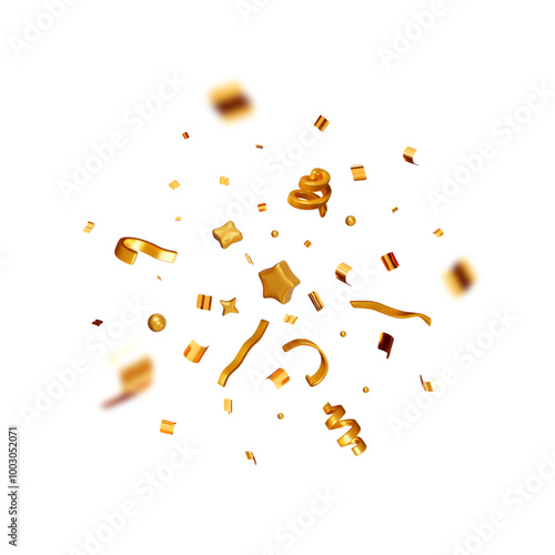 3D party gold confetti round isolated. Render golden confetti in empty space. Metal firecracker elements in various shapes. Party, holiday, surprise or birthday events. Vector illustration