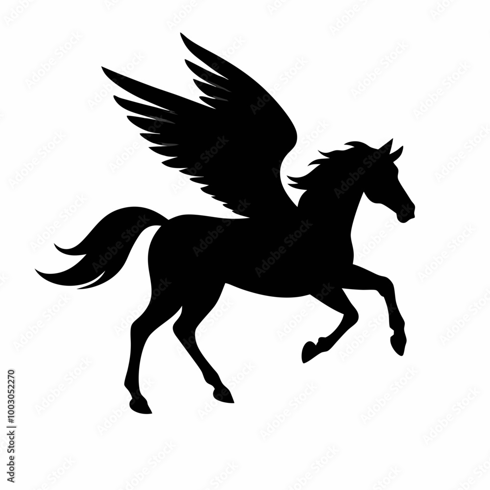 a black and white silhouette of a pegasus, a mythical creature with wings. The horse is in a galloping position, with its body stretched a black and white silhouette of a pegasus, a mythical creature with wings. The horse is in a galloping position, with its body stretched