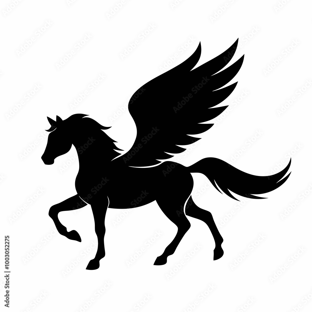 a black and white silhouette of a pegasus, a mythical creature with wings. The horse is in a galloping position, with its body stretched a black and white silhouette of a pegasus, a mythical creature with wings. The horse is in a galloping position, with its body stretched