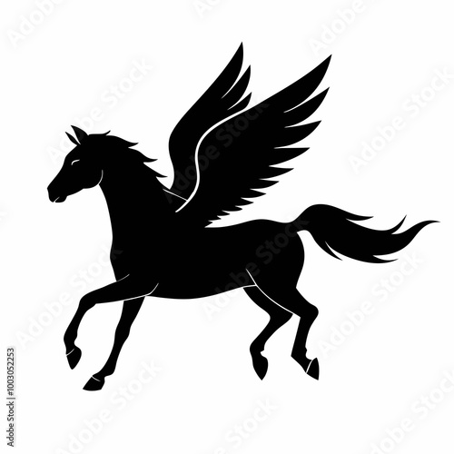 a black and white silhouette of a pegasus, a mythical creature with wings. The horse is in a galloping position, with its body stretched