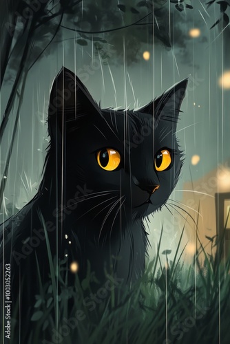 A black cat with striking yellow eyes gazes through the rain in a misty garde...
