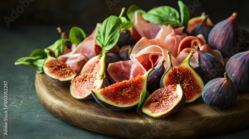 A fig and prosciutto platter elegantly arranged on a wooden board.