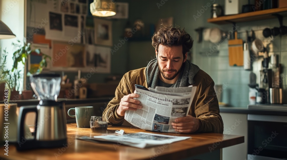 Man on kitchen counter uses phone Man on kitchen counter uses phone