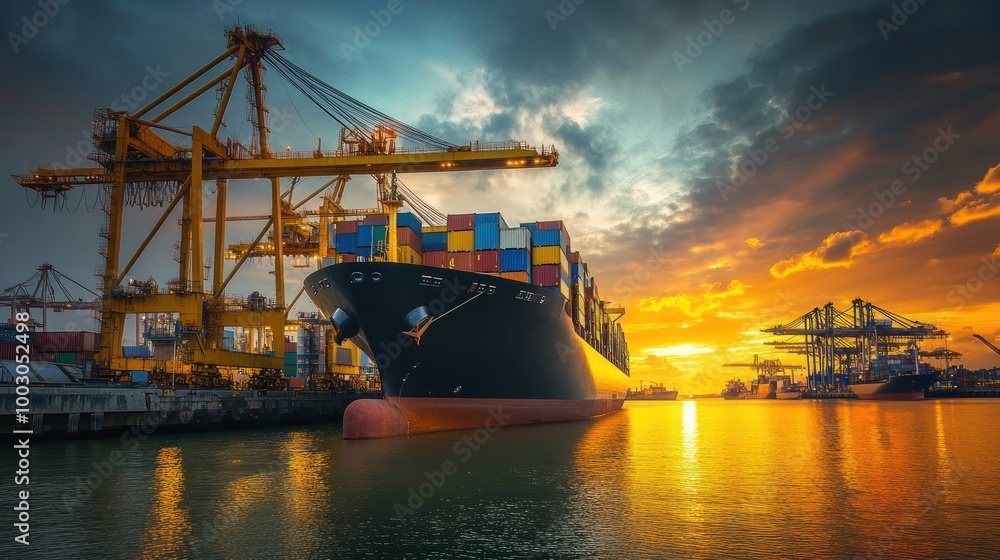 A large ship is docked at the port, loading cargo containers onto it with cranes A large ship is docked at the port, loading cargo containers onto it with cranes