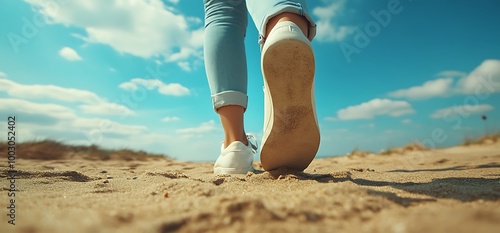 A pair of feet wearing white sneakers walk on a sandy beach with blue sky and clouds.