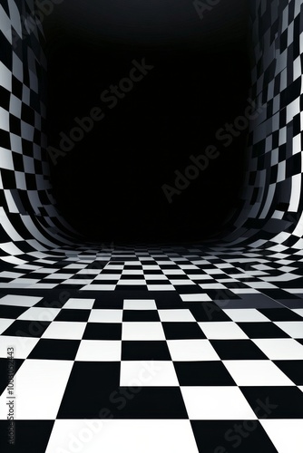 A checkerboard floor under a bright light with a dark background creating dra...