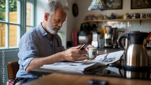 Phone at breakfast, man on counter