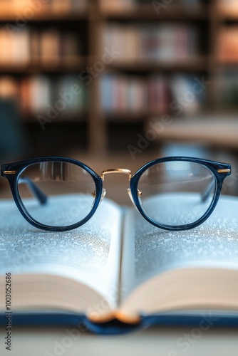 Glasses resting on an open book in a library setting during daytime