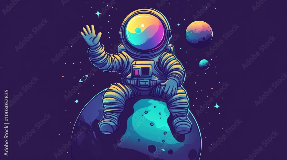 A cartoon astronaut in a spacesuit sitting on a planet waving with a colorful background. A cartoon astronaut in a spacesuit sitting on a planet waving with a colorful background.