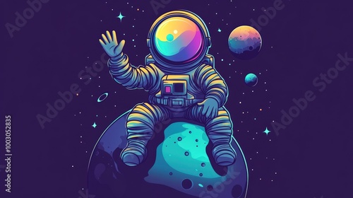 Wallpaper Mural A cartoon astronaut in a spacesuit sitting on a planet waving with a colorful background. Torontodigital.ca