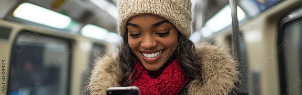 A cheerful woman reads her smartphone while traveling on a subway during winter A cheerful woman reads her smartphone while traveling on a subway during winter
