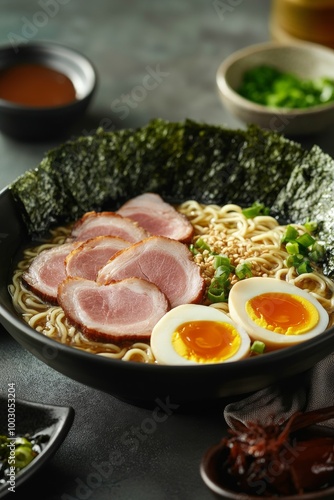 Wallpaper Mural Delicious bowl of ramen topped with grilled chicken, green onions, and a soft-boiled egg Torontodigital.ca