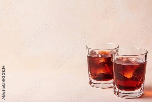 Refreshing cocktails with ice served in clear glasses against a minimalist background in a stylish setting