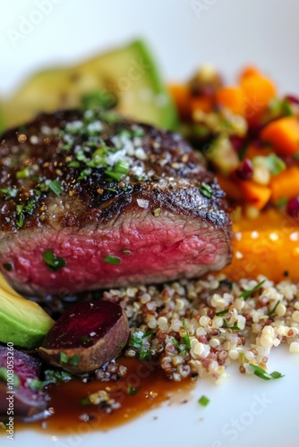 Delicious grilled steak served on a bed of quinoa with vibrant vegetables and...