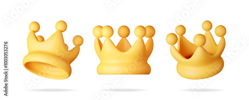 3D set of gold crown icon isolated. Render metal crown emoji symbol. Emoticon for VIP, rich, winner luxury premium success. Customer feedback, rating or status signs. Realistic vector illustration