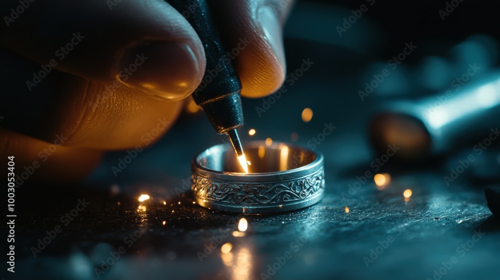 A skilled jewelry designer is focused on engraving intricate patterns into a silver ring using a precision tool. The workshop is filled with a warm glow as sparks fly A skilled jewelry designer is focused on engraving intricate patterns into a silver ring using a precision tool. The workshop is filled with a warm glow as sparks fly