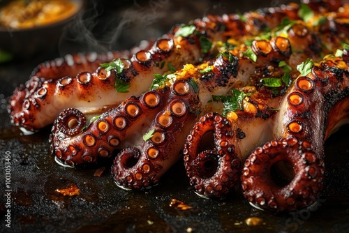 savor the succulence of expertly char-grilled octopus tentacles for a flavorful seafood experience in this banner concept