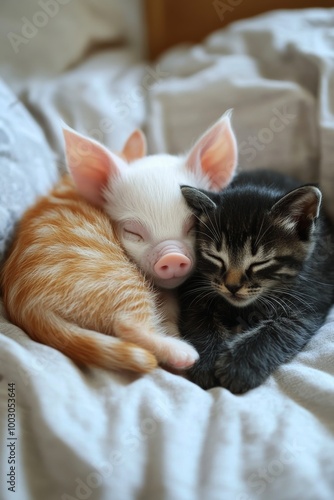 Cute kitten and piglet cuddle together on a cozy blanket in a warm indoor set...