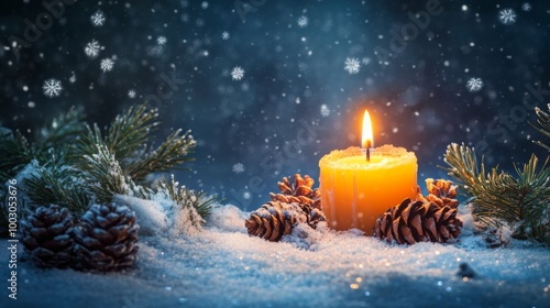A glowing candle surrounded by snow and pinecones on a winter evening