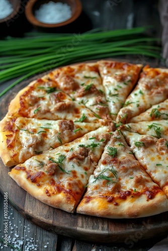 Delicious homemade pizza topped with fresh chives on a rustic wooden table
