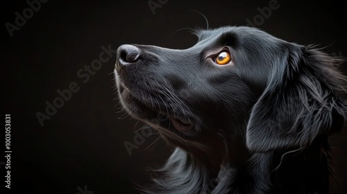 A beautiful black dog gazing thoughtfully against a dark background in soft light