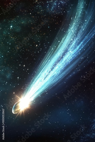 A comet streaking through the cosmos with a bright tail illuminates the night...