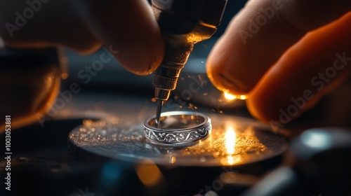 A skilled jewelry designer focuses on engraving fine details onto a silver ring using precision tools, showcasing artistry and craftsmanship in a bright workshop