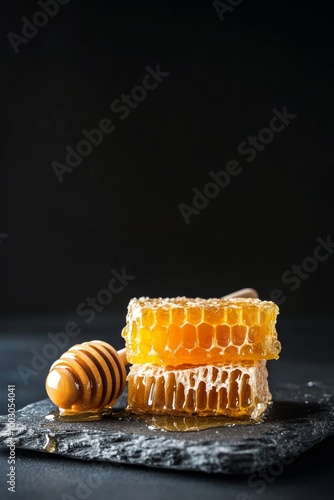 Honeycomb and drizzled honey on a dark slate plate showcasing natural sweetne...